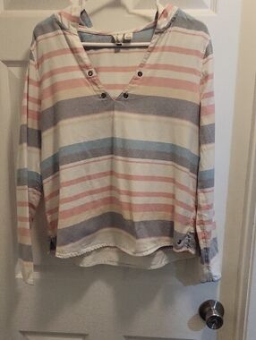 Roxy Pastel Striped Hooded V-Neck Pullover in Pink, Blue, Cream, Gray